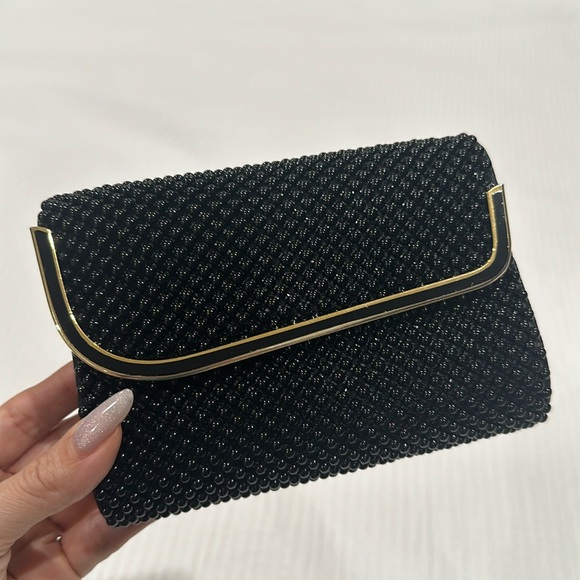 Vintage Handbags - Vintage black beaded purse with gold hardware